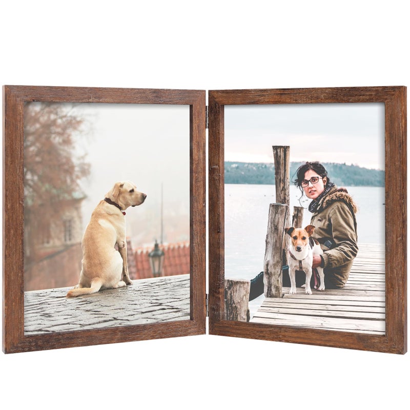 Forev 8x10 Double Picture Frame Wooden Hinged Photo Frame Definition Glass Stand Vertically on Desktop or Tabletop Rustic Wood - Image 1